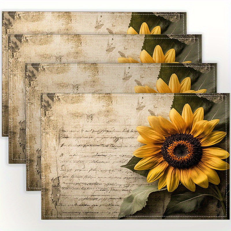 4pcs Retro Sunflower Print Rectangular Placemats Hand Washable Heat Resistant Suitable Dining Table, Coffee Table And Home Decoration Family And Kitchen Meal Party Holiday