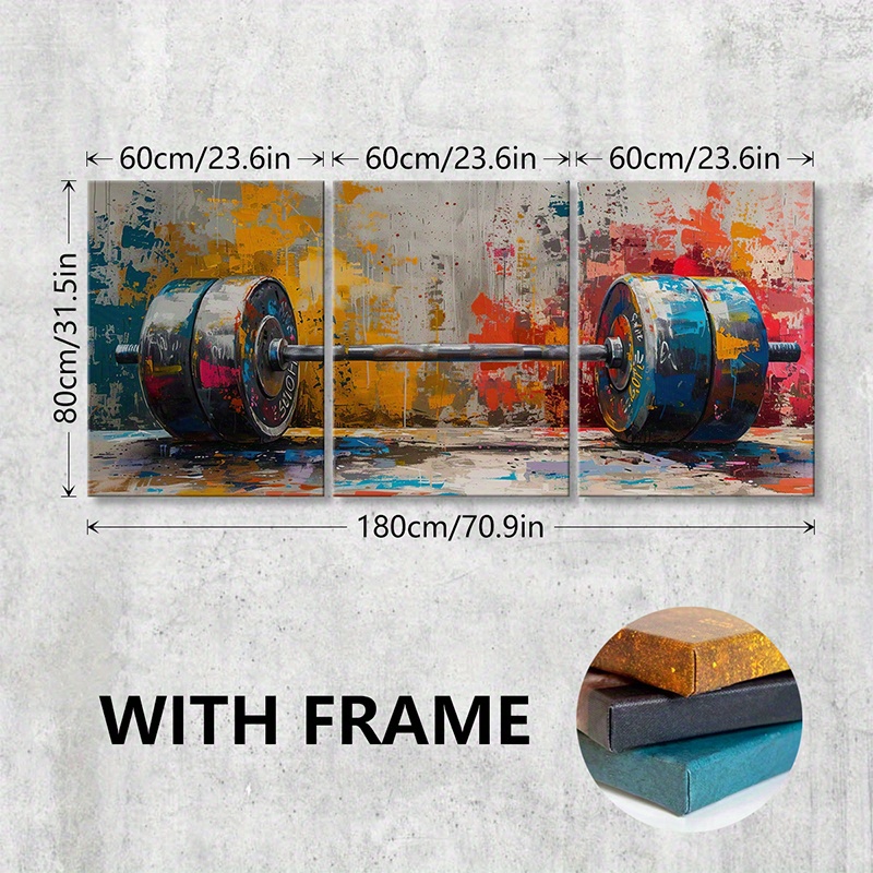 TEMU 3pcs/ Set Wooden Framed Canvas Poster, Sports Aesthetic Art, Fitness, Barbell, Watercolor Style, Vintage Wall Art Painting For Living Room,