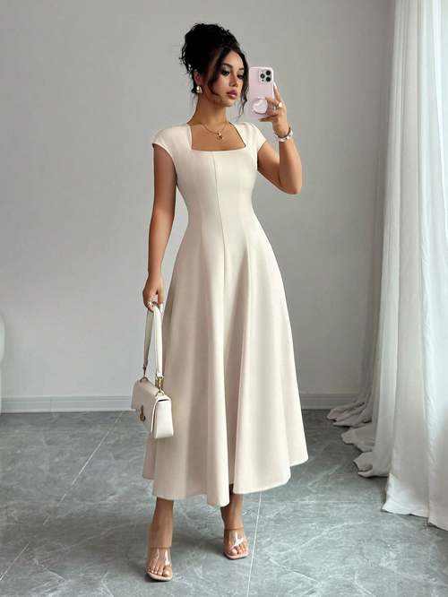 item picture womens elegant solid neck waist cinching flared a line short sleeve midi dress for daily casual vacation festivals christmas dresses