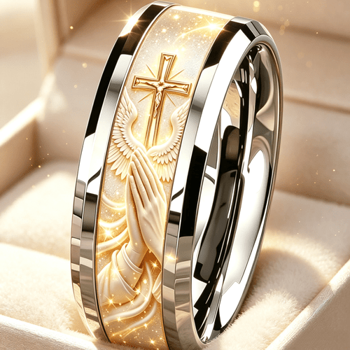 8mm wide unisex faith themed 304l 304l 304l stainless steel ring retro cross and prayer hand print design scratch resistant wear resistant and hypoallergenic during easter graduation season religious themed ring