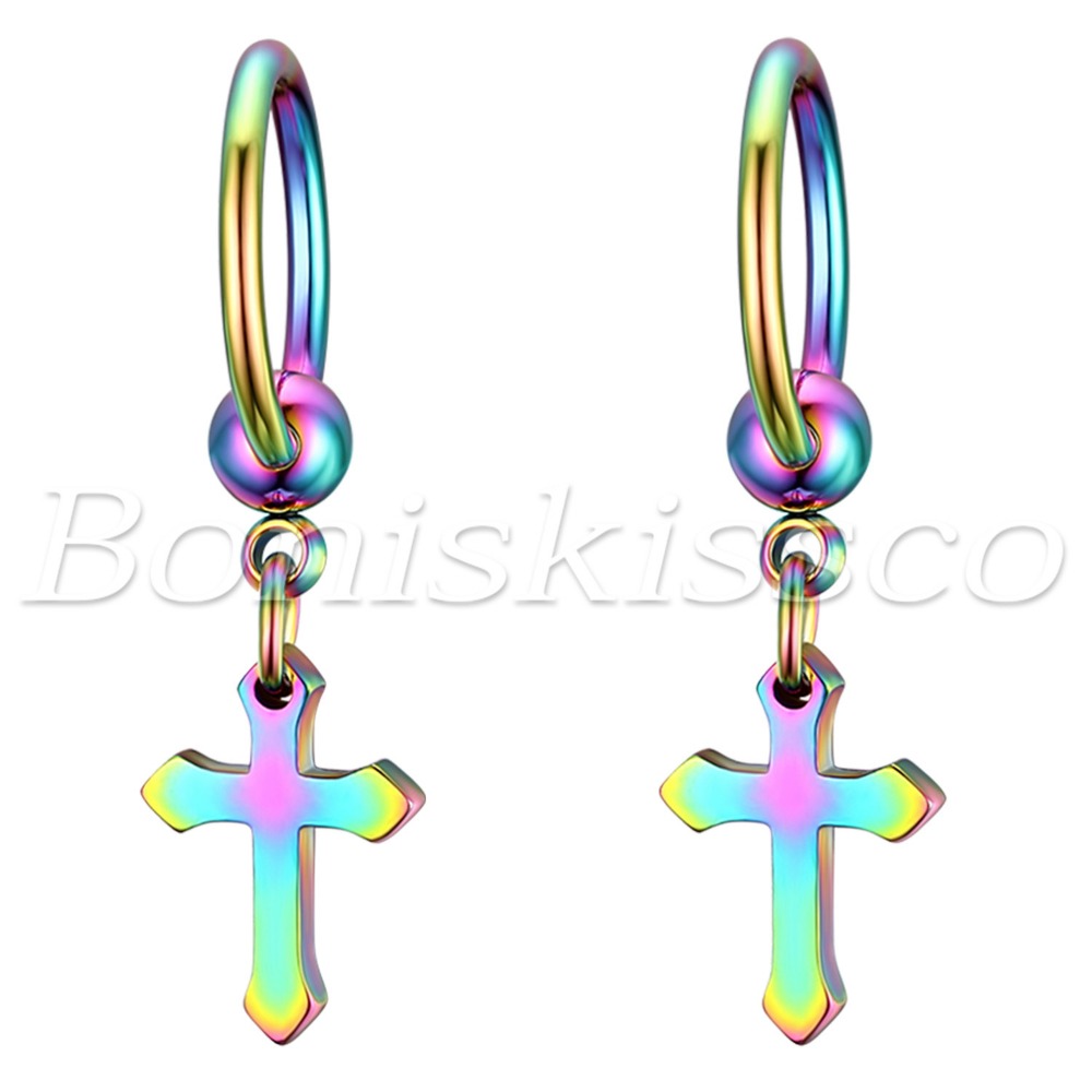 Image of Hip Hop Cross Dangle Earrings, Stainless Steel Hoop Earrings For Men And Women