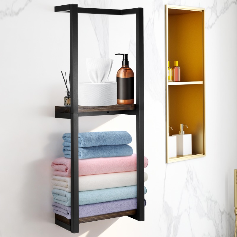 Image of Towel Rail No Drilling Wall Towel Holder Bathroom Towel Rack Matt Black Guest Towel Holder With 6 Towel Hooks And For Bathroom Kitchen Black
