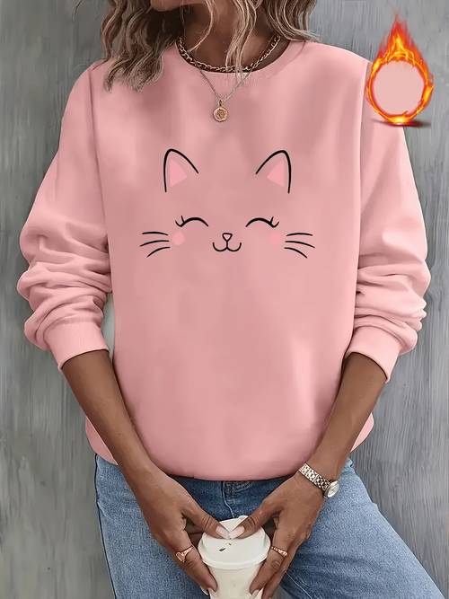 item picture womens fashionable casual cute simple kitten pattern print lined crew neck sweatshirt