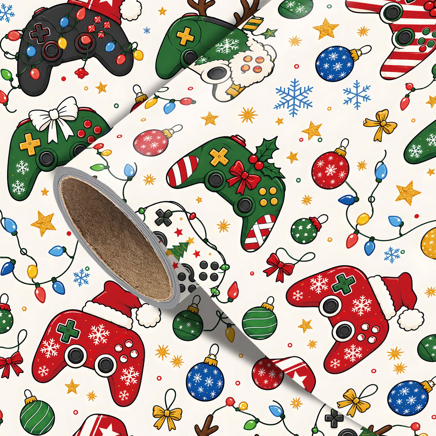 TEMU Roll Of Gaming-themed Wrapping Paper Suitable For Xmas Gifts, Birthday Presents & Party Decorations - Video Game Controllers & Christmas Lights