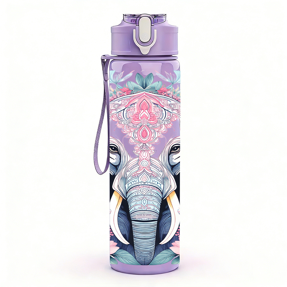 TEMU 1pc Pink Elephant Floral, 750ml/26oz Colorful Plastic Sports Water Bottle, Cute Printed Design, Leak-proof With Pop-up Lid, Suitable For Outdoor