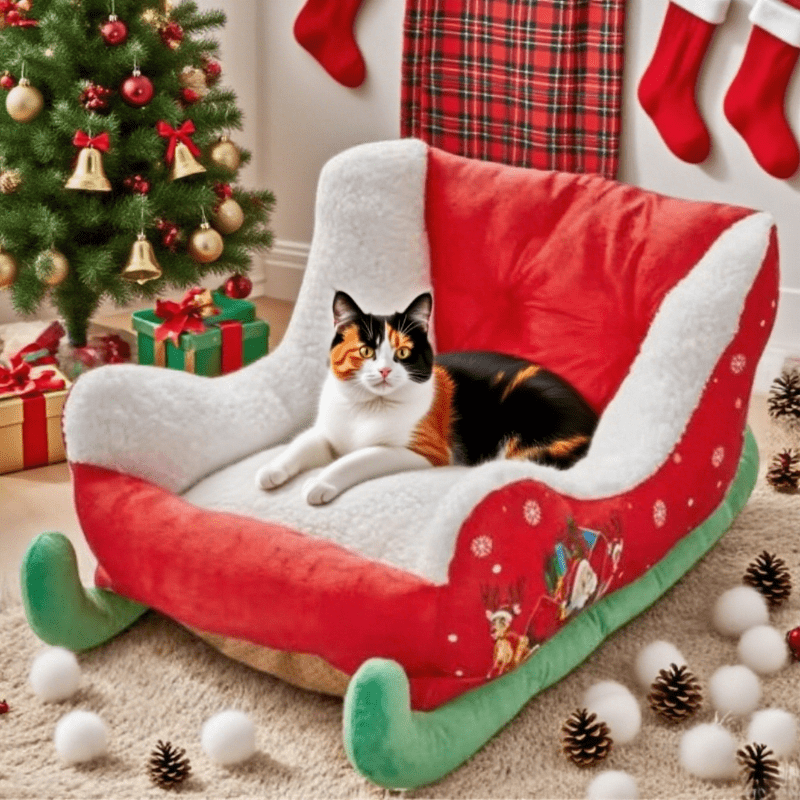 christmas sled cat bed removable washable pet bed with soft plush lining durable polyester   for cats small dogs holiday   with santa hat festive patterns cozy indoor outdoor use cat bed for indoor   pet bed christmas theme   bed Product details 2