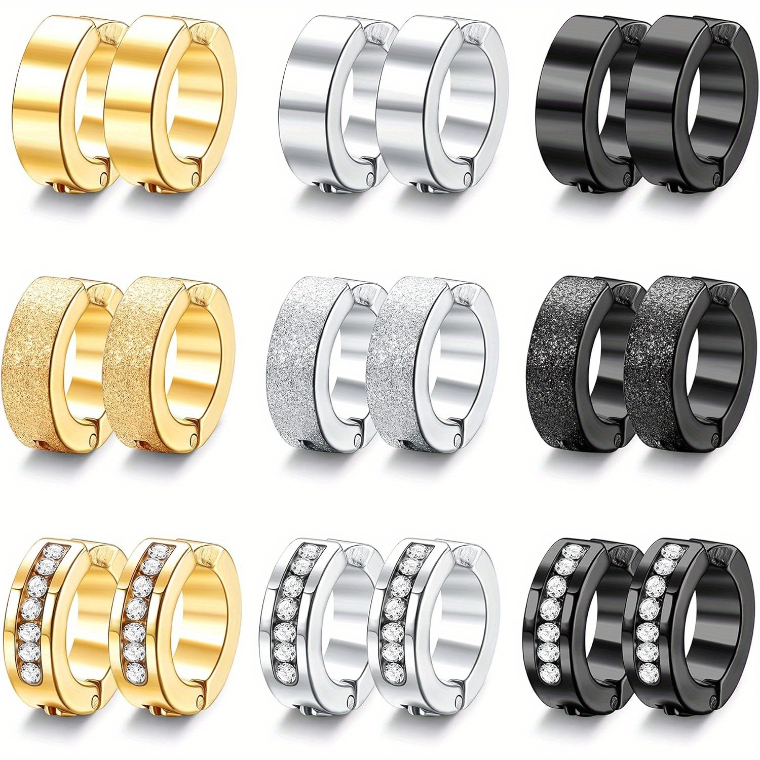 Image of 9 Pairs Of 316l 316l 316l 316l Stainless Steel Clip-on Hoop Earrings For Men And Women, Featuring Cz Ear Clips