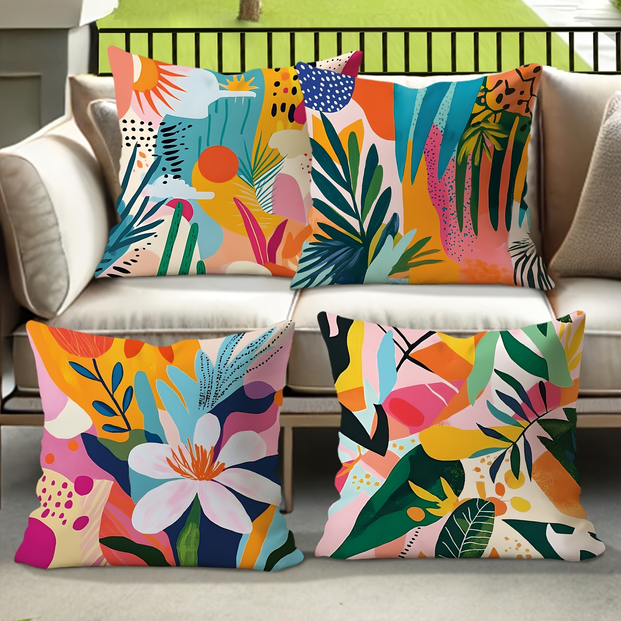 TEMU Juego de 4 fundas de almohada de flores, de cojín decorativa con plantas, flores y hojas, para sofá, dormitorio, oficina, coche, decoración del