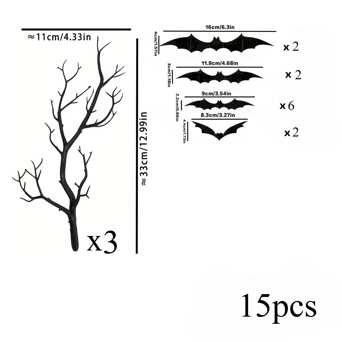 TEMU 15pcs Contains 3pcs Of Artificial Branches And 12pcs Of Black Artificial Bats, Plastic Material, Used For Halloween Decoration, Home Decoration,