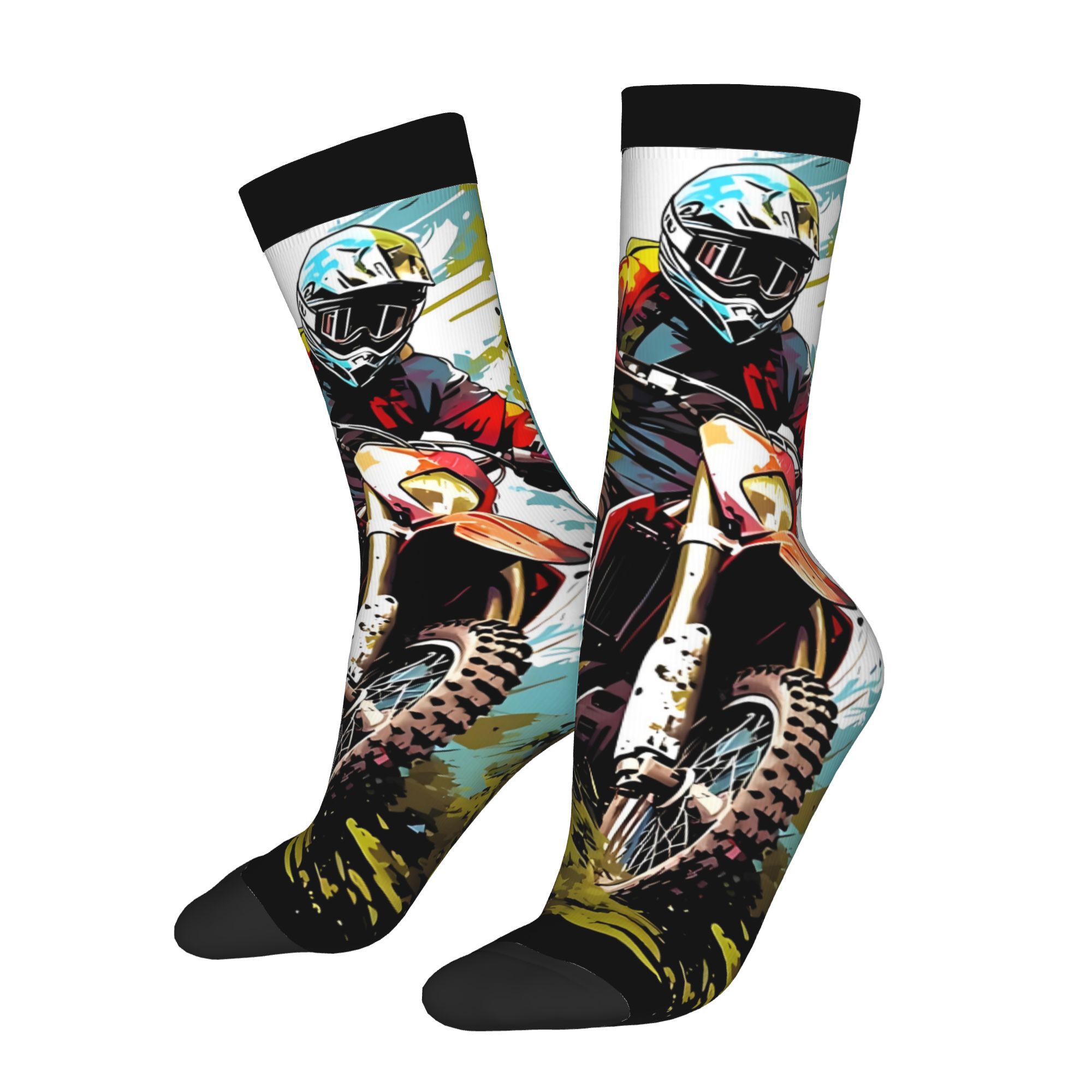 TEMU Casual Motocross Dirt Bike Racing Silhouette Men's Socks, Soft Polyester Dress Socks, Comfortable Tube Socks For Daily Wear 2d Print Design