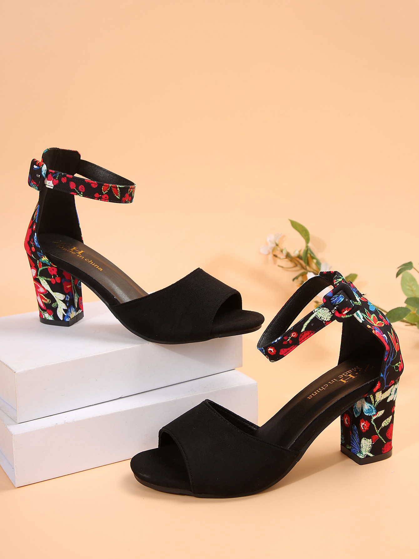 [Durable Build] Women's Floral Print Block Heel Sandals - Elegant Open Toe Ankle Strap Pumps with Faux Cover Lining, Summer Dress Shoes in Vibrant Pink & Blue Floral Patterns, Dressy Sandals | Fashionable Footwear | Durable Pu Sole, High Heel Sandals