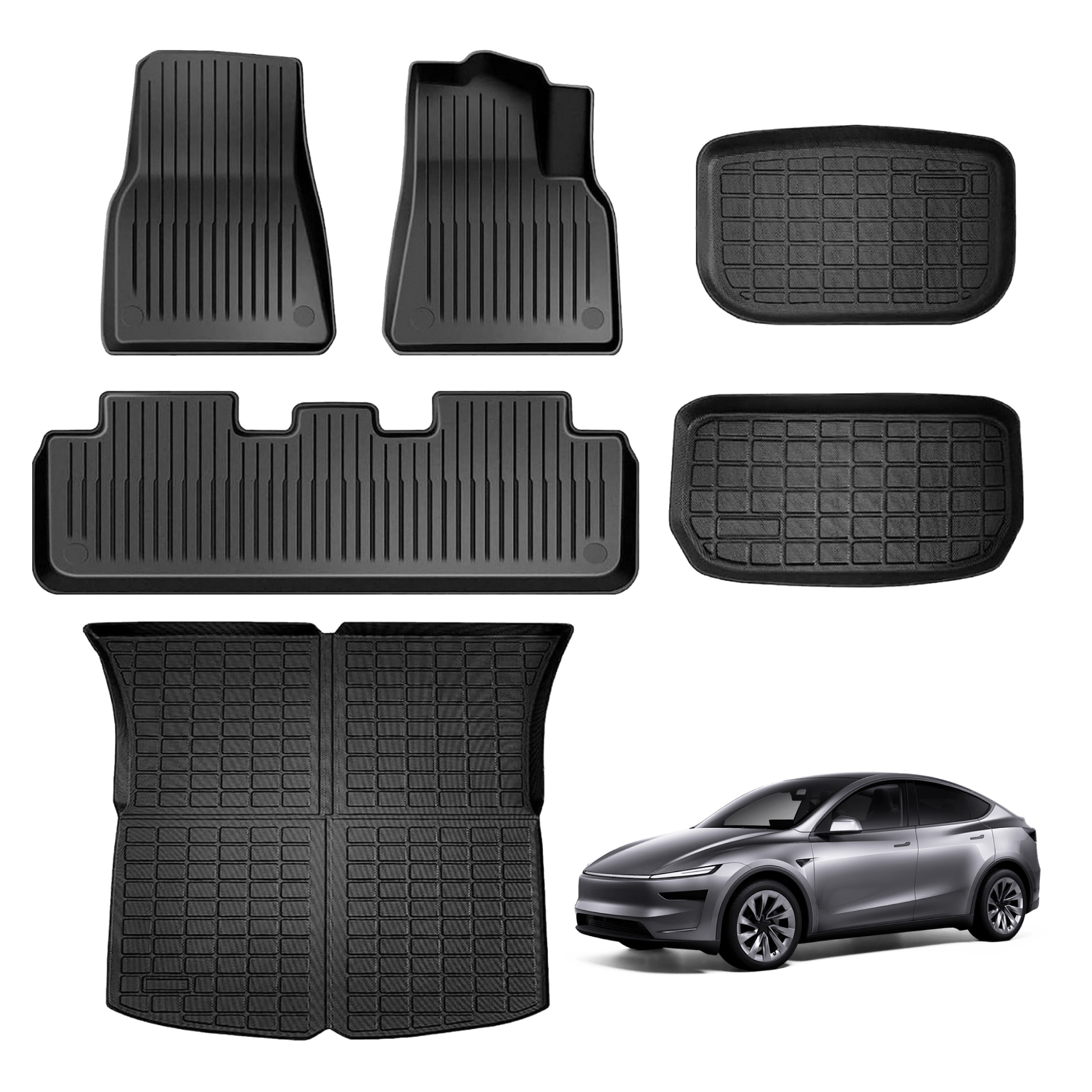 Image of All Weather Waterproof Anti-slip Floor Mats For For 2019-2024, Tpe Material Set Of 6, Thicken Front & Rear Trunk Liners, Black