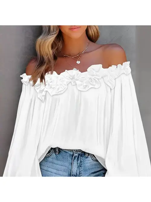 2025 spring summer new french off shoulder chiffon blouse with neckline and lantern sleeves lovely ladies tops lightweight and stylish holiday commuter wear