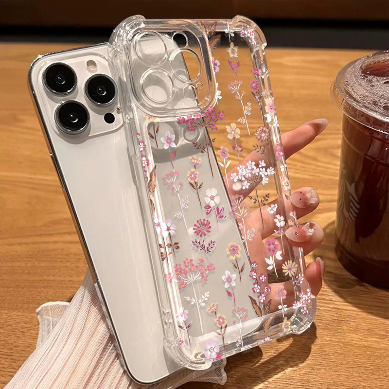 TEMU Phone Case: Soft Pink Print Artistic Fresh Transparent Four-corner Drop-proof Case, Compatible With Iphone 17/16/15/14/13/12/11 Pro Max/ Models