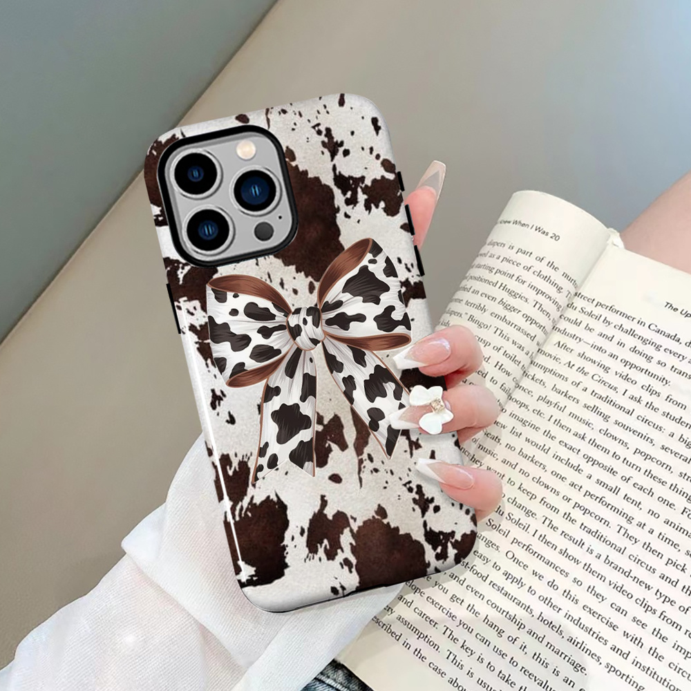 TEMU Phone Case - Phone Case: Western Black Print Cute Bow Pattern Aesthetic Phone Case, Vivid Side Print, Dual-layer Hard Pc And Soft, Drop