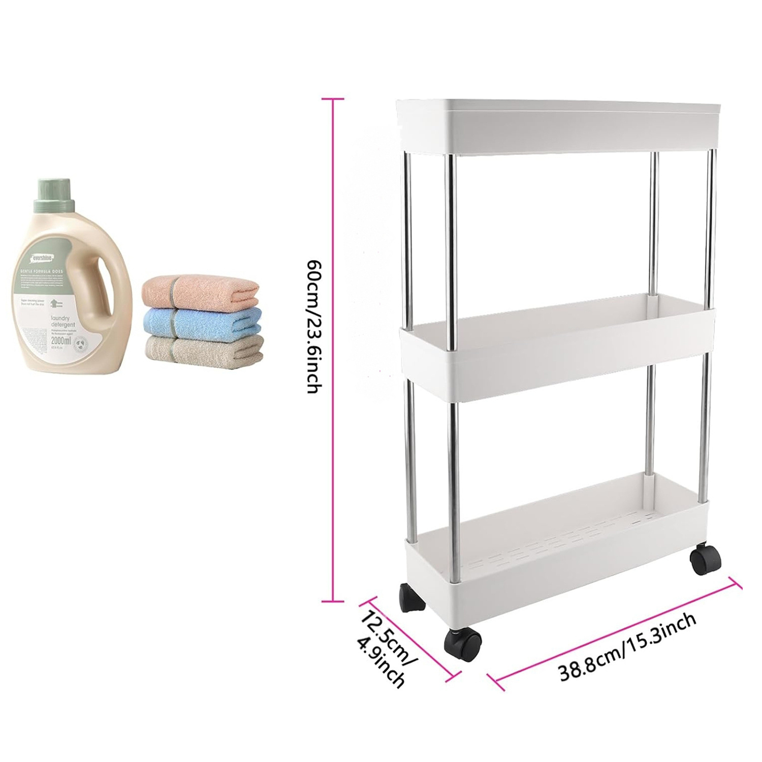 Image of 3-tier Rolling Storage Cart With 4 Wheels And 6 Hooks | Carbon Steel, Space- Utility Organizer Perfect For Living Room, Kitchen, Bathroom, And Office Use, Standing Shelf, Standing Shelf