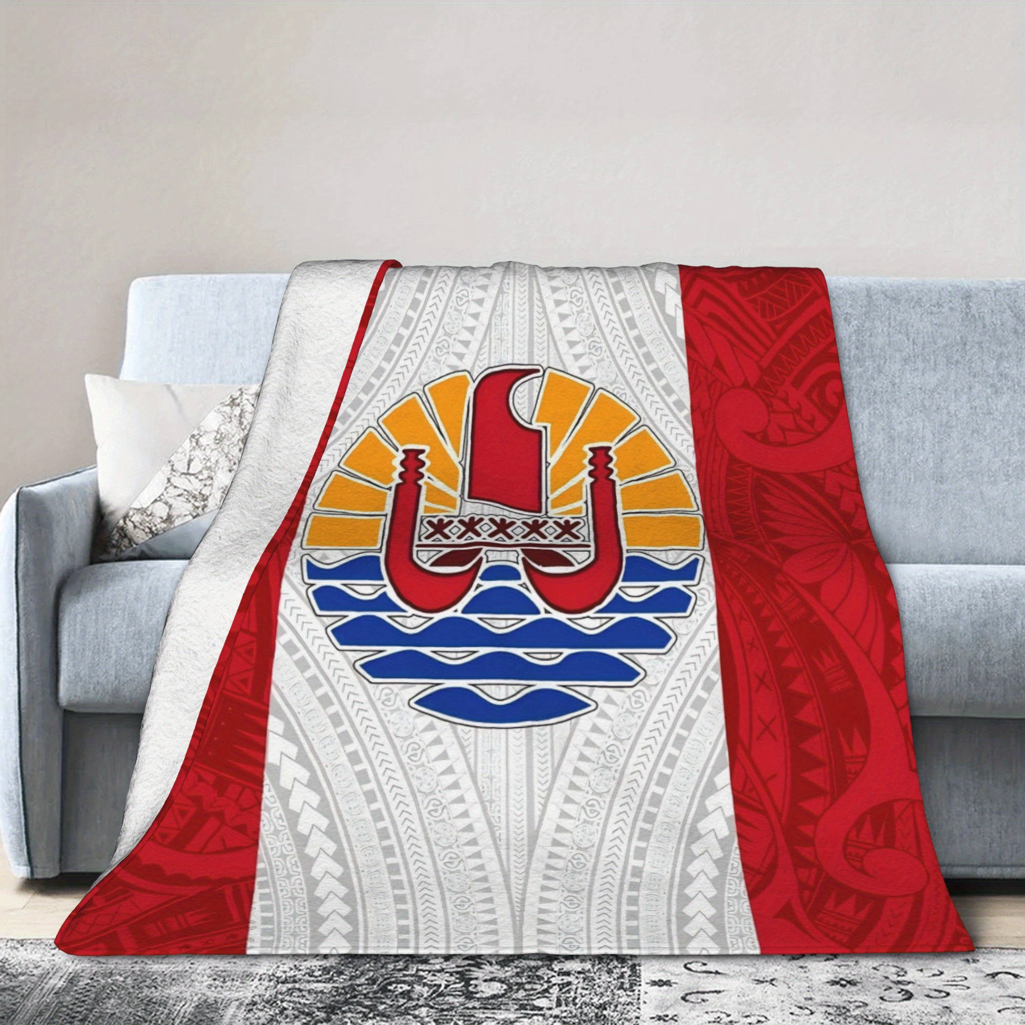   flannel blanket soft warm   throw with vibrant red white tribal pattern     motif for living room   stylish   decor cozy blanket   theme decor durable  