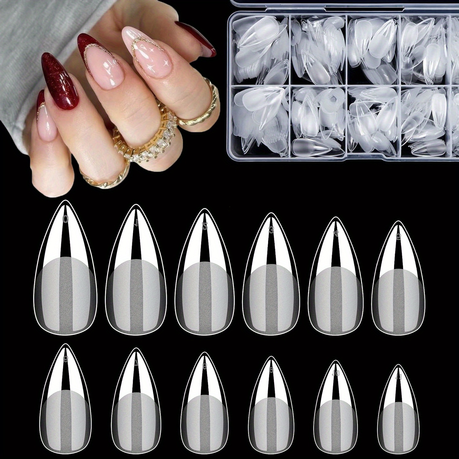 

600 pièces de d'ongle en moyen pré-, complète, , -on, dépose en gel , d'ongle en acrylique professionnel, ongles pli, fausse ongle, , DIY, art d'ongle, 12 tailles