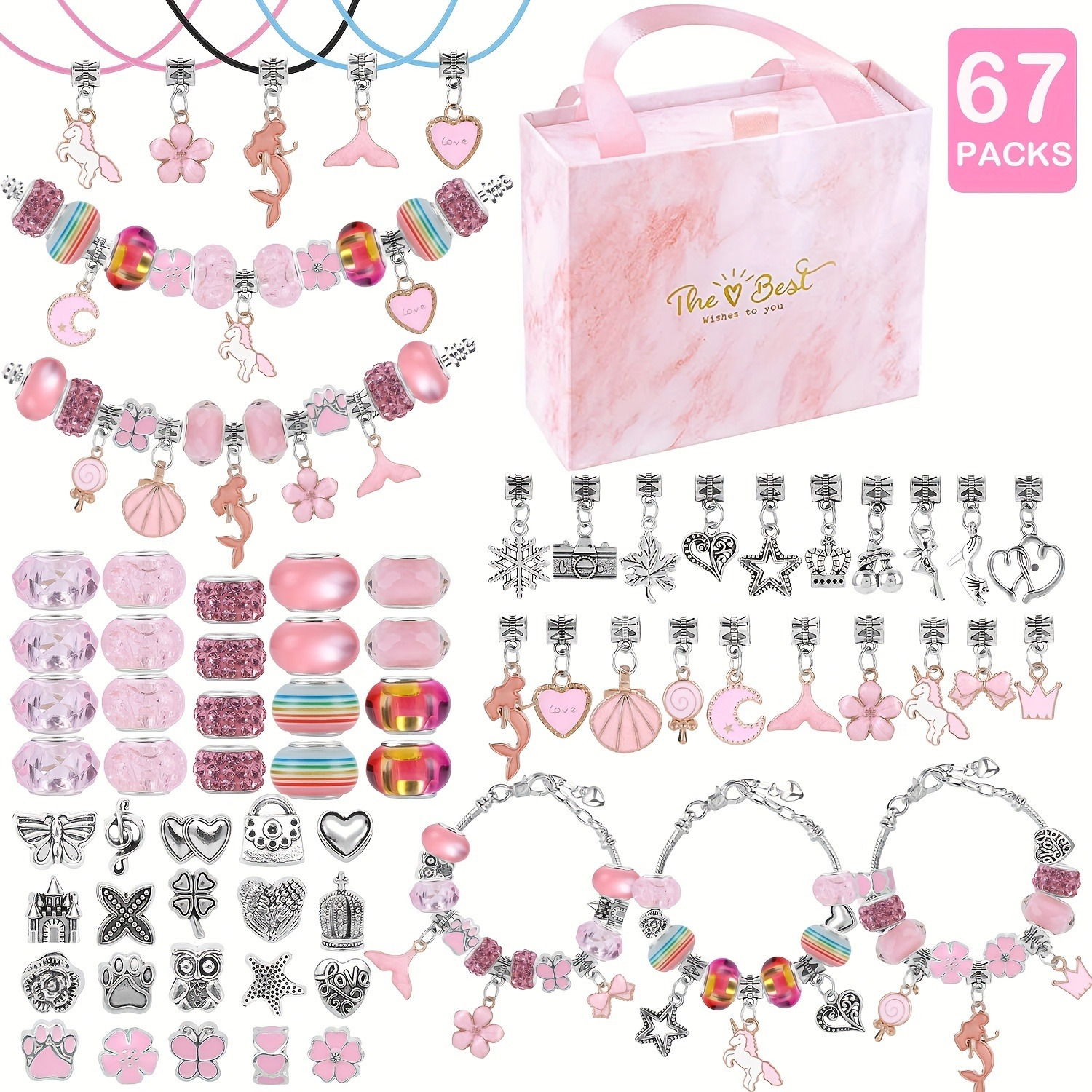 

67-piece Diy Charm Bracelet Bead Kit, With Unicorn Mermaid Crafts, Including 60 Charm Beads, 3 Bracelets And 3 Necklace Cords, Suitable For Birthdays, Christmas, New Year, 2025 Valentine's Day Gifts