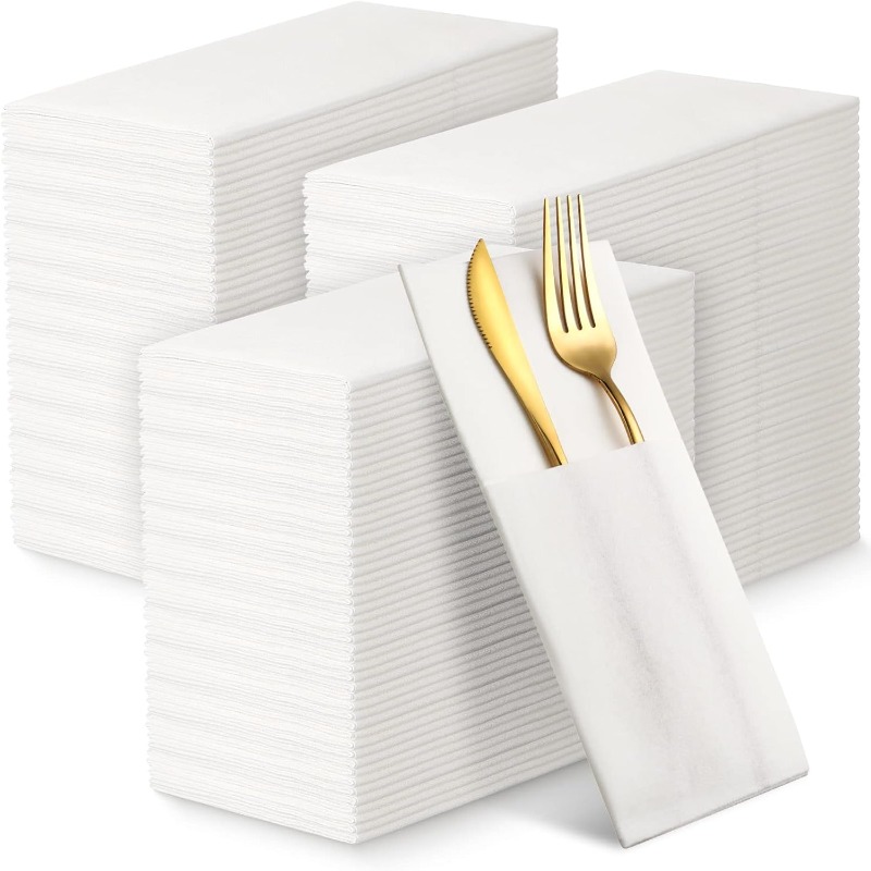 E-shop 150er-Pack Einweg-Servietten mit Leinen-Optik integrierter Bestecktasche, Weiße Vorgefaltete Papiertücher für Abendessen, Hochzeit oder Party