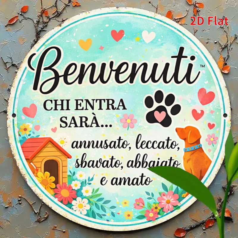 TEMU 2d Flat, 1pc [2dfalt] Italian Benvenuti Dog Welcome Sign - Vintage Rustic Round Wall Decor Suitable For Entryway, Porch, Italian-themed Décor