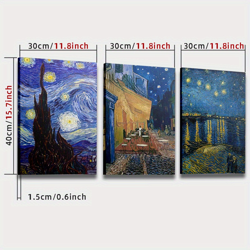 TEMU キャンバ - 「星月夜」と「ローヌ川の」ヴァン・ゴッホ再現作、モダンな壁アート - リビンやホームオフィスの装飾に最適 - 額入り - アート愛好家への完璧なギフト、木製フレーム