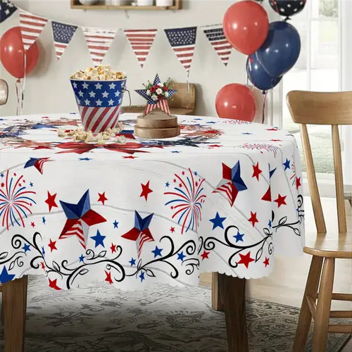 tablecloth with red white and and stripes featuring fireworks holiday parties family and outdoor events patriotic theme decor in rectangular round and oval sizes