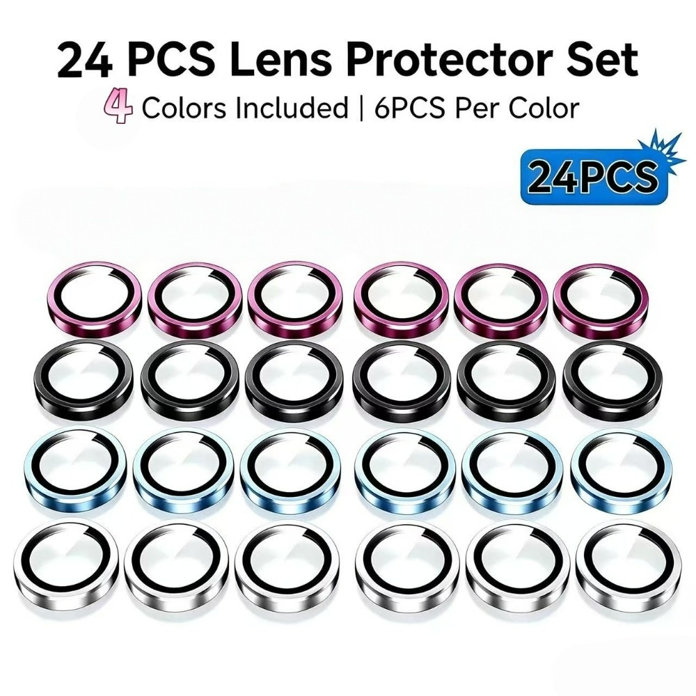 TEMU 24pcs 4-color 6pcs/color Camera Lens Protectors Compatible With For Iphone 18 Pro Max 17 Pro 15 14 Pro Max 16plus Metal Camera Lens Protectors,