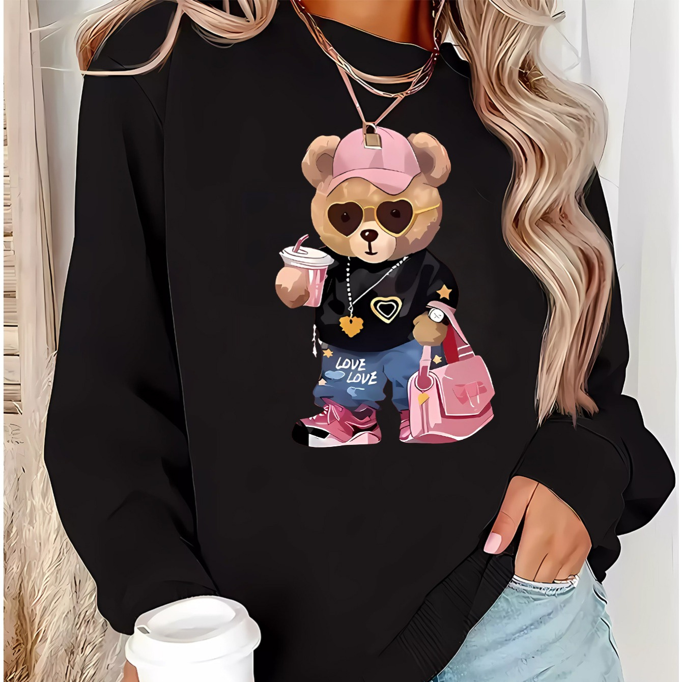 

Women's Cartoon Fleece-lined Thickened Long Sleeve Crew Neck Pullover Sweatshirt, 100% Polyester Knit Fabric, Sports Style, Alphabet Pattern, For All