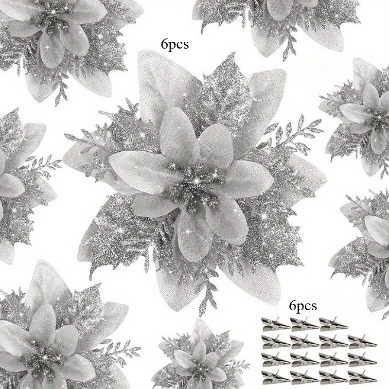 TEMU Set da 12 pezzi Inclusi (6 pezzi Fiori + 6 pezzi Clip) di Fiori di Stella di Natale Simulati, con Petali in Velluto Pieni e Tridimensionali, che