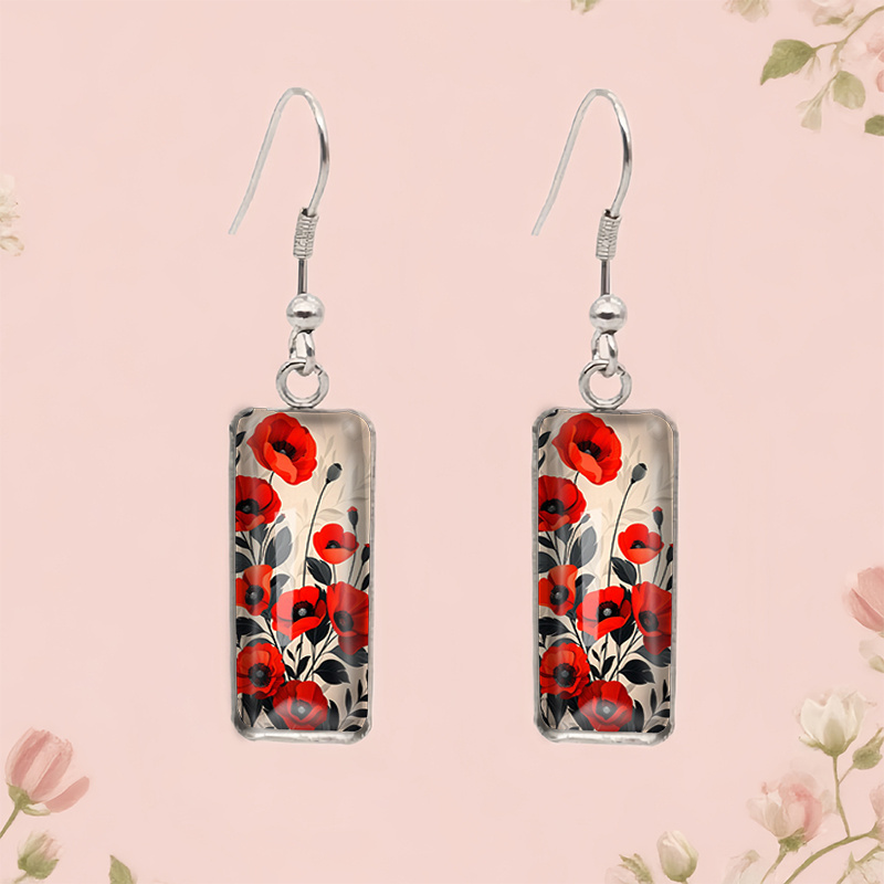TEMU Boucles d'oreilles pendantes rectangulaires à crochet, illustration de fleur de coquelicot de facile et , boucles d'oreilles en verre, cadeau,