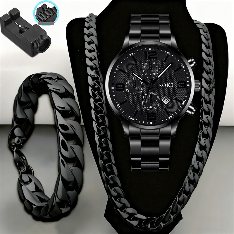 TEMU 3pcs Men's Retro Stainless Steel Watches Round /digital Compatible Dial (-) - Suitable For Casual Attire, Gifts For Christmas, Valentine's Day,