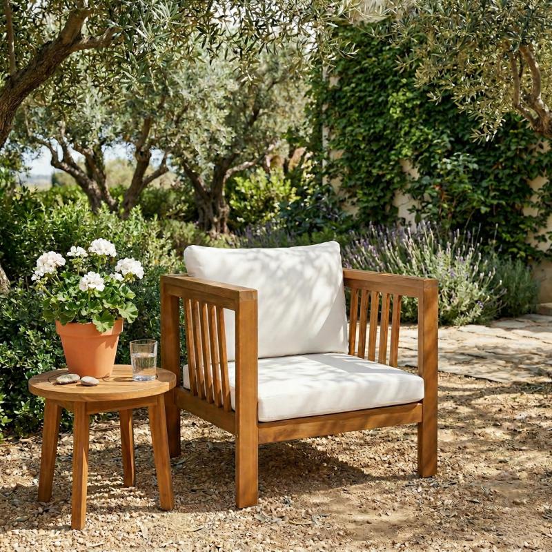 Outdoor Acacia Wood Club Chair with Modern Square Arms, Patio Chair with Thick Cushion, Adjustable Leveling Feet for Poolside, Backyard And Deck, Beige Cushion