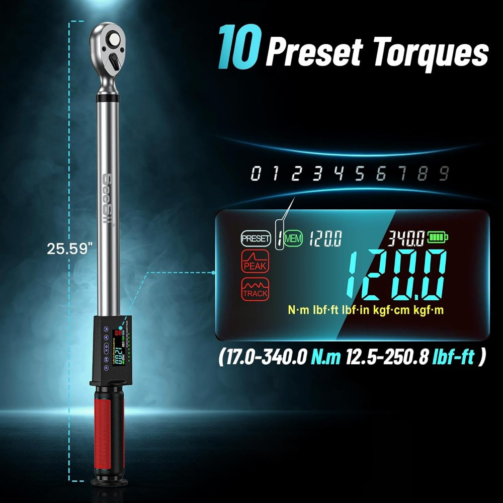 Seesii Professional 1/2" Drive Electric Torque Wrench, with a Range of 12.5-250.8 Ft-Lbs, Featuring 3 Modes And 2% Accuracy - Perfect for Automotive Maintenance