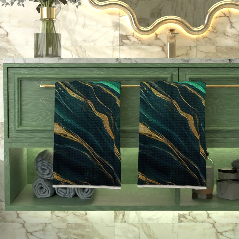 

2pcs Set Abstract Green & Golden Flowing Lines Towels - , For Kitchen, Bathroom, Gym | Modern