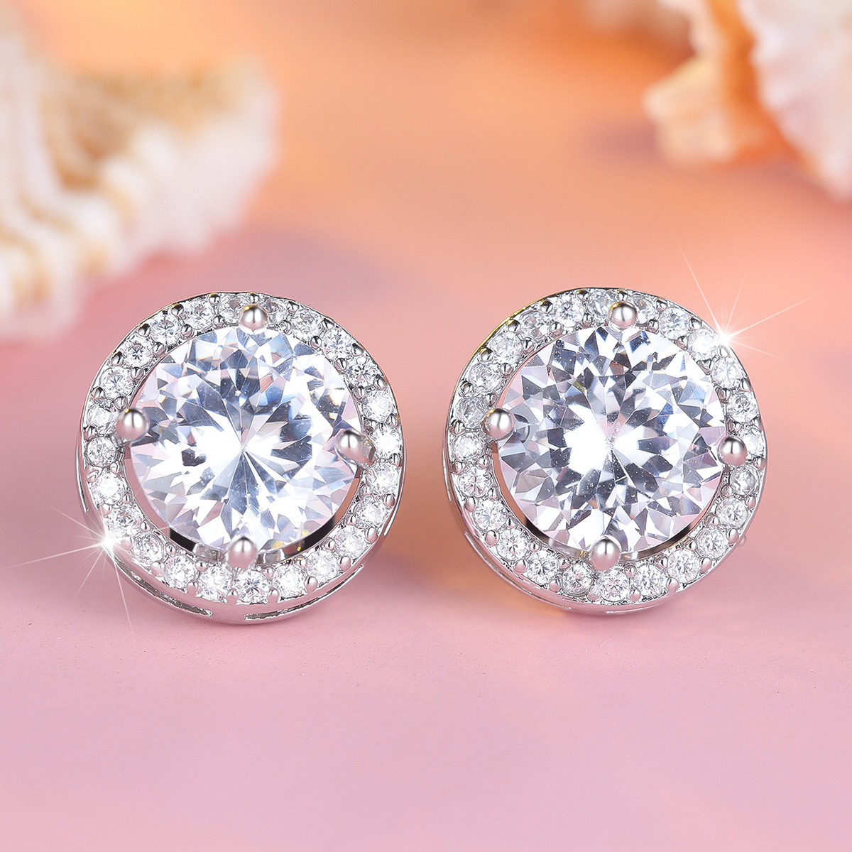 Silvery Round Pave Synthetic Zirconia Earrings