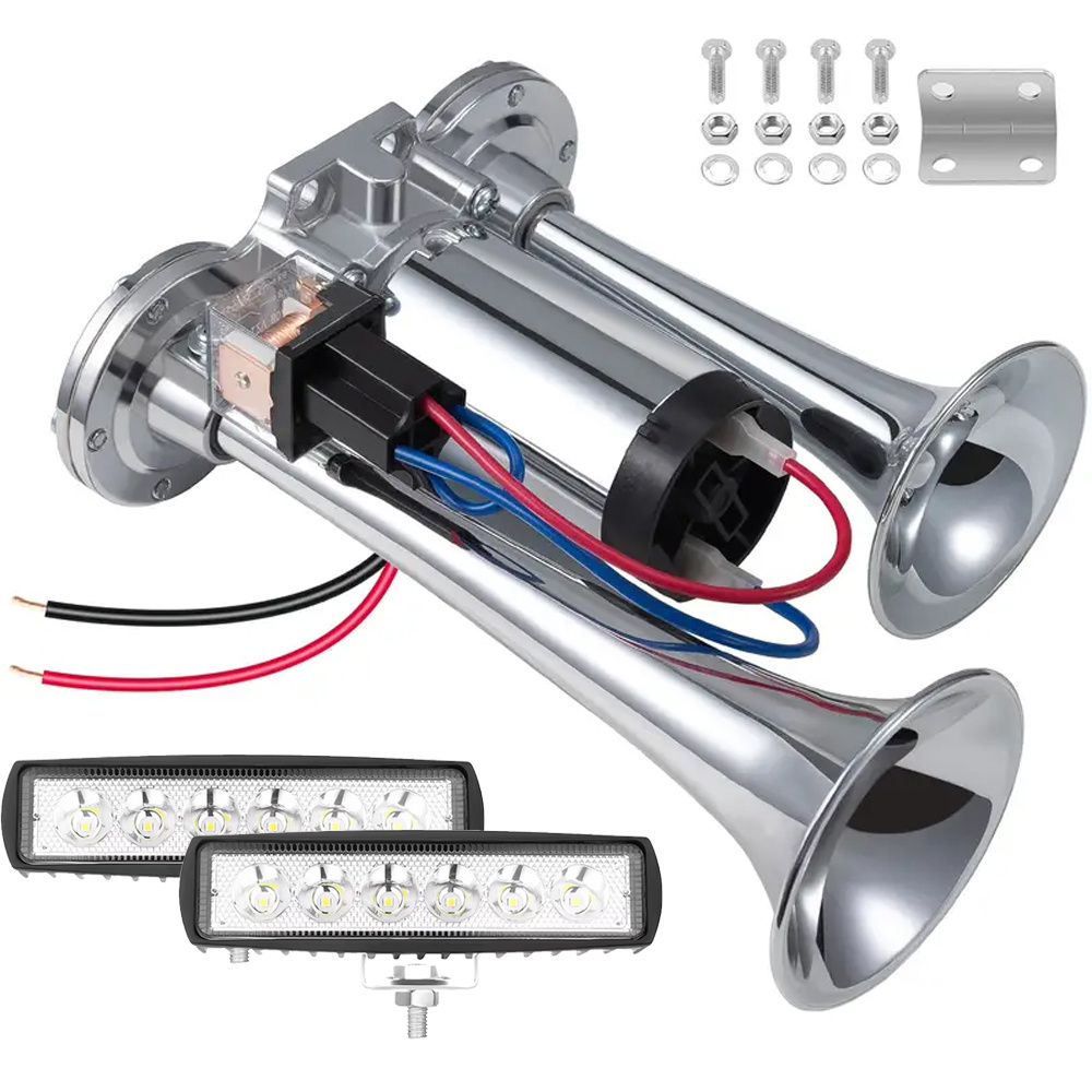 TEMU 3pcs Dual Trumpet Air Horn With 2pcs Led Work Light Bars, Heavy Duty Train Horn With Compressor, Auto Air Horn Led Light Combo For Car, Van,