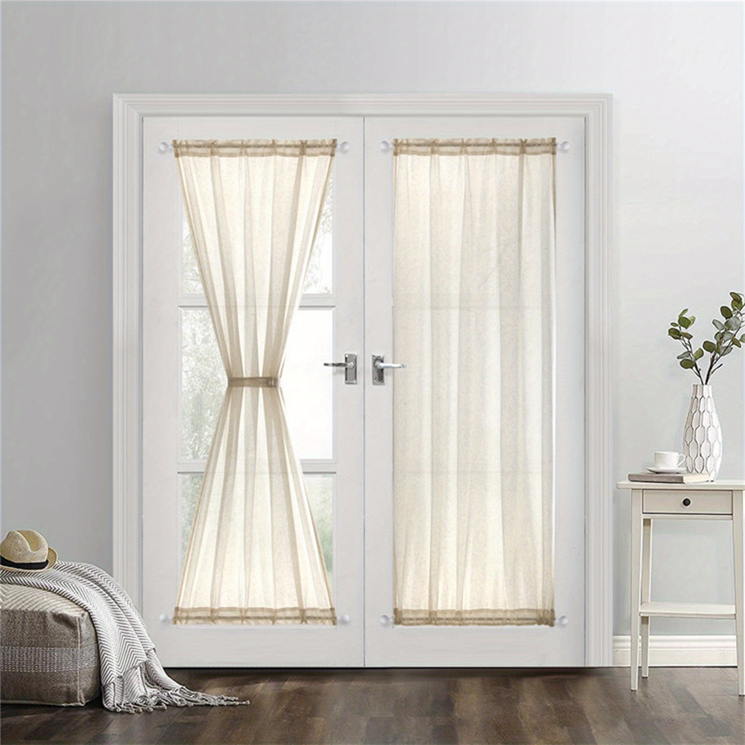 2pcs Beige French Door Curtains Linen Sheer Drapes Sunlight Filtering Protect Privacy Sidelight Curtains For Siding Glass Door