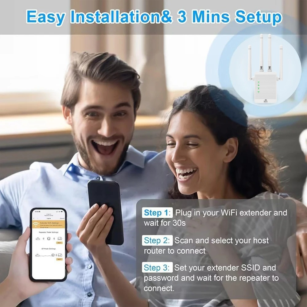 WiFi Range Extender Signal Booster, 300Mbps Wifi Extender for Home, Up to 8500 Sq. Ft Coverage, Supports 105 Devices, 4 External Antennas, Ethernet Port, WiFi Extender for Home & Office Use