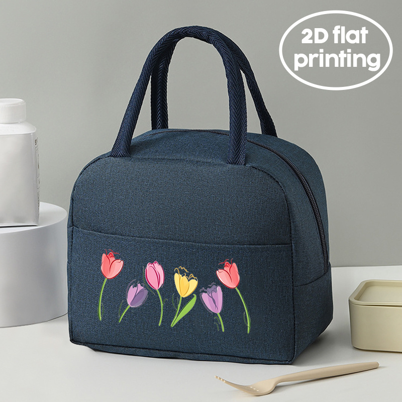 TEMU 1pc Insulated Lunch Bag For Women And Men - Aesthetic Watercolor Tulip Print Thermal Lunch Box For Work, Portable Cooler Tote Bag, Small