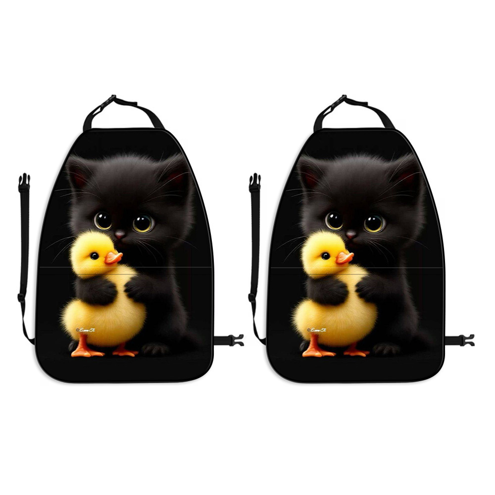 TEMU 2pcs Black Cat Cuddling Little Yellow Duck Cute Fun Printed Car Seat Backrest Covers With Storage Bag, Rear Seat Protection , Universal Car Seat