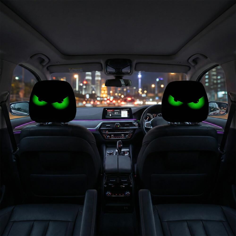 TEMU 2pcs Green Fluorescent Eye Car Headrest Covers - 2d Flat Double-sided Printed Fun Car Headrest Covers, Suitable For Interior Decoration Of
