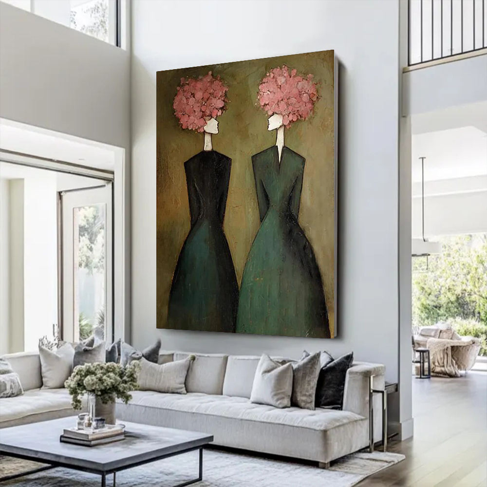TEMU 2d Flat, 2d Flat 2d/flat Paintings 2 Green Clothes Red Hair Fashion Girls Mural Pattern 100% Handmade Abstract Oil Painting On Canvas Original