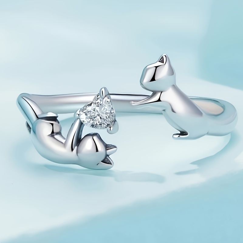 Cute Inlay Heart Cat Open Adjustable Ring for Teens
