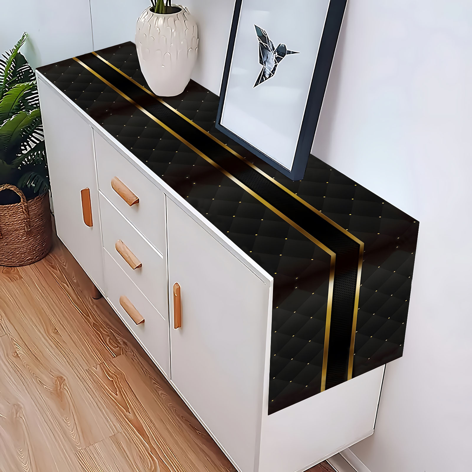TEMU 1pc Black And Golden Geometric Pattern Table Runner - Polyester Rectangular Tablecloth, Suitable For Kitchen Dining Room Decor, Birthday Party