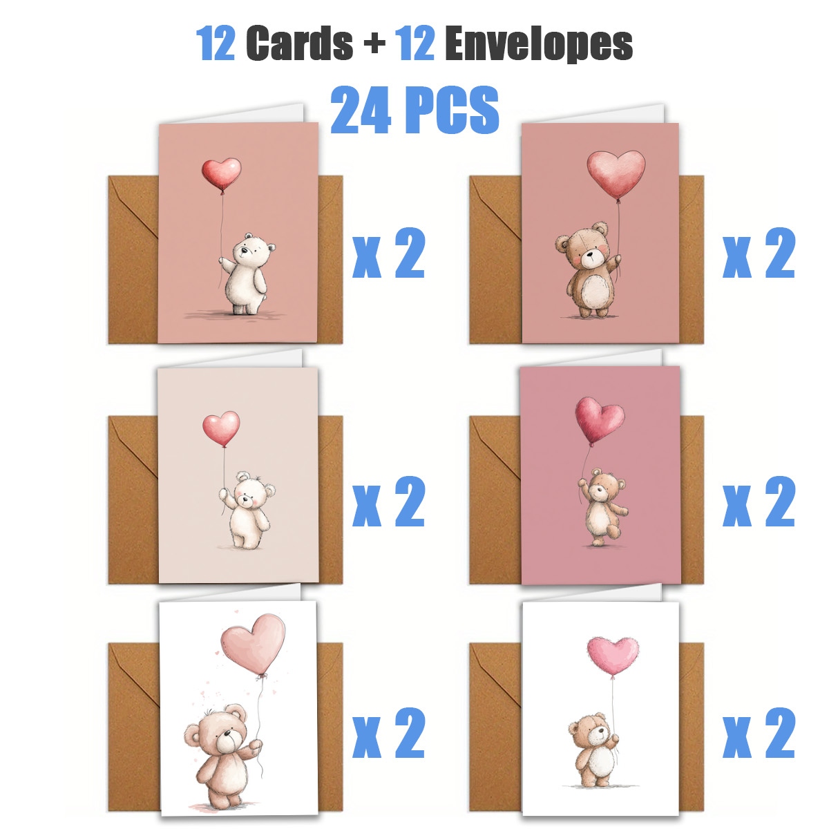 TEMU 1 set/12 stuks/24 stuks Beer, Ballonnen, Hartvormige Wenskaart | Inclusief , Wenskaart | Perfect voor Verjaardagen, Vieringen en Bedankkaarten;
