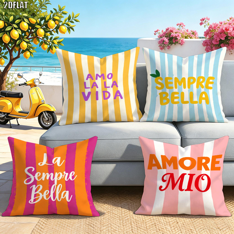 TEMU 4 pièces, Housses de coussin imprimées rayées colorées italiennes, Housses de coussin de décoration intérieure style vacances , Housses de