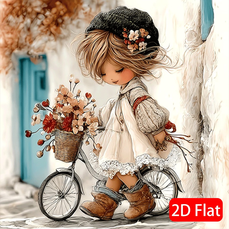 TEMU Kit de Peinture Diamant 5D à Strass Complet à Soi-, Petite Fille Rétro Mignonne avec Vélo et Panier de Fleurs, Style de , Artisanat en Strass,