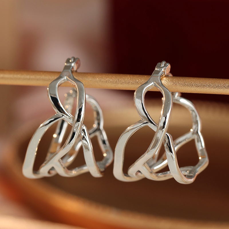 Silvery Elegant Drop Earrings, Interlocking Rings Design