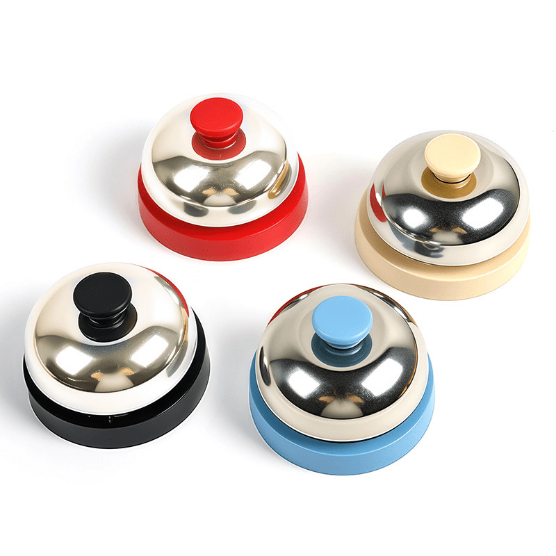 TEMU 4-pack Call Bells: Electroplated Metal Desk Bells Pet Training, Classroom Answer, & Service. Loud Responsive Ring. Set(red, Blue, Beige, Black).